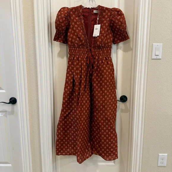 Lovaan Boehm Linen-Silk Puff-Sleeve V-Neck Midi Dress - Picture 6 of 10